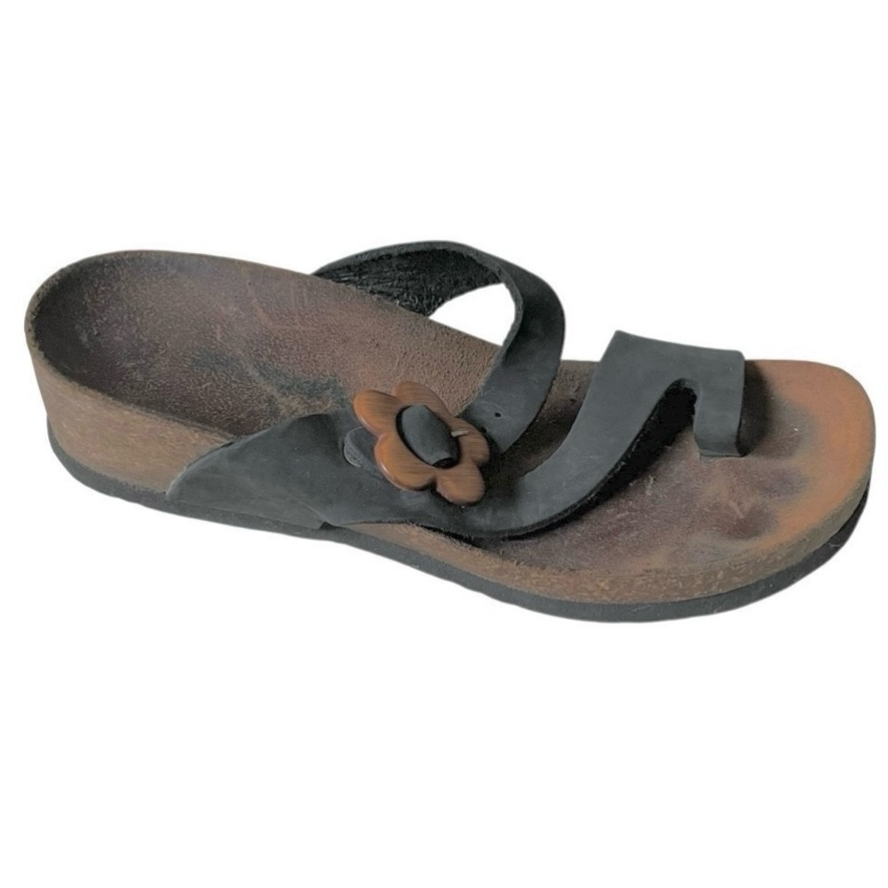 BIONATURA by BOS & CO. Cork Wedge Sandal Shoes Flower Buckle Black Brown 37